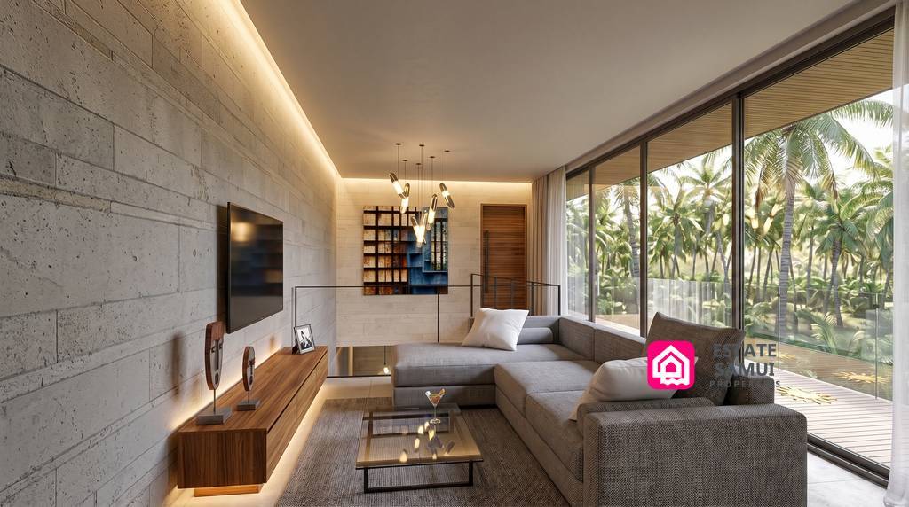 Upper-level sitting area with large windows overlooking palm trees