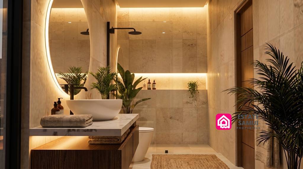 Bathroom with basin, round mirror and walk-in shower