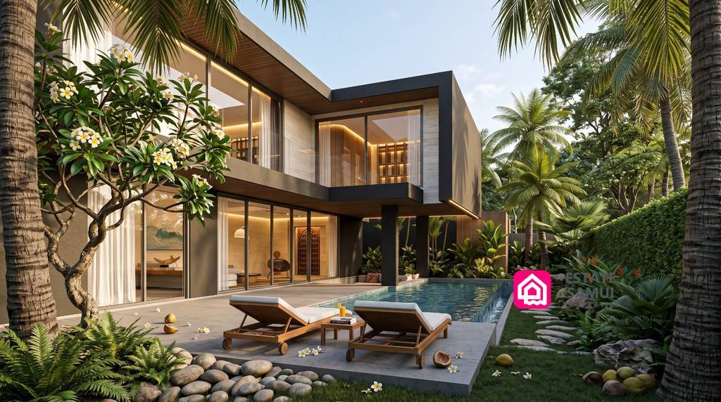 Alternative exterior rendering of villa with private pool and terrace