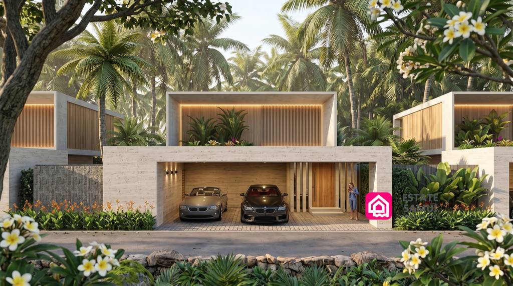 Rendering of villa entrance with covered parking and tropical planting