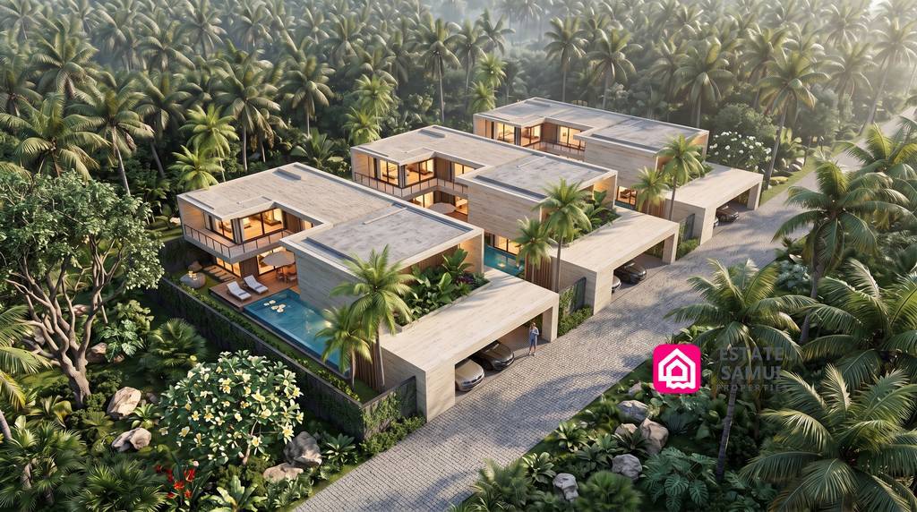 Aerial rendering of villas, pools and a shared access road