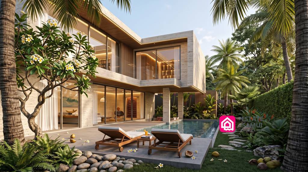Rendering of two-storey villa with poolside terrace and loungers