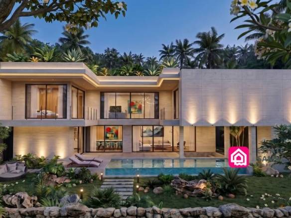 Front view of modern villa and pool at dusk