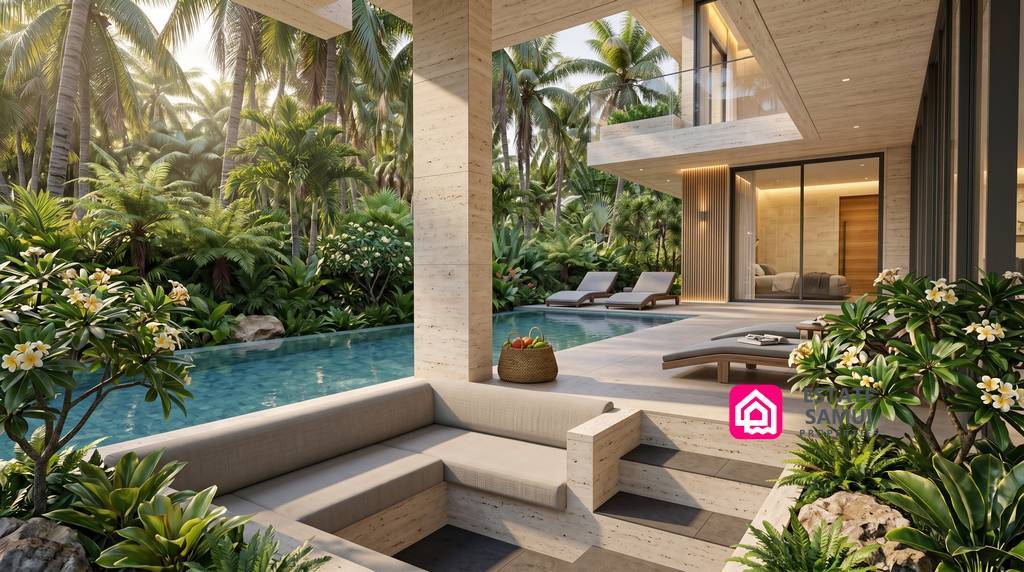 Covered outdoor seating beside a pool and planted courtyard