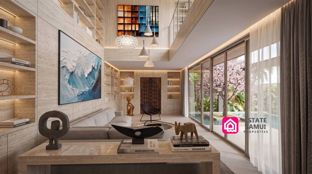 Double-height living room with glazed doors facing the pool