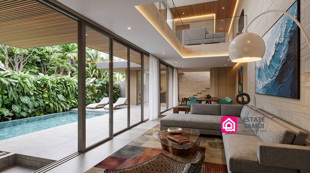 Living and dining area opening towards a poolside terrace