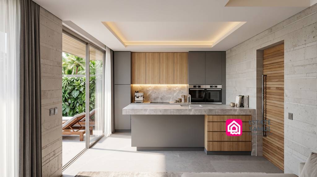 Modern kitchen with island and doors to an outdoor terrace