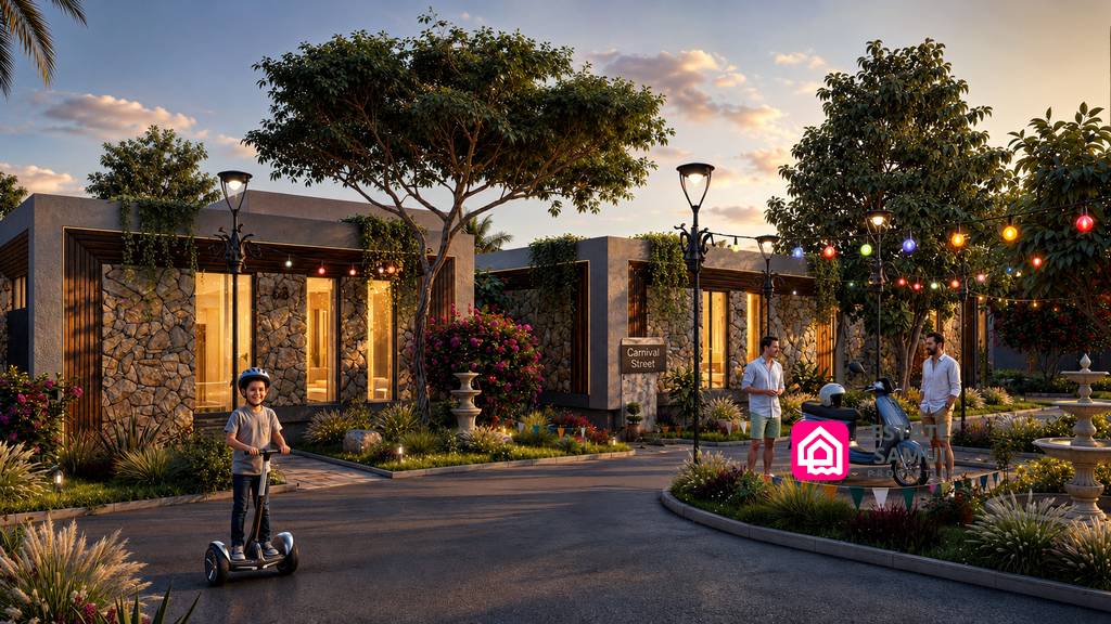 Landscaped resort lane beside modern single-storey buildings at dusk