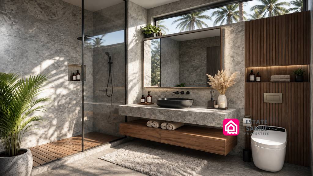 Bathroom with glass shower, double basins and stone finishes