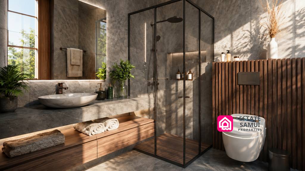 Bathroom with walk-in shower, freestanding bath and timber detailing