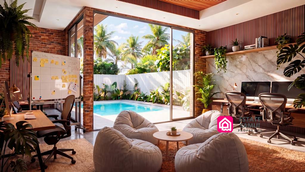 Furnished interior opening towards a private pool and garden