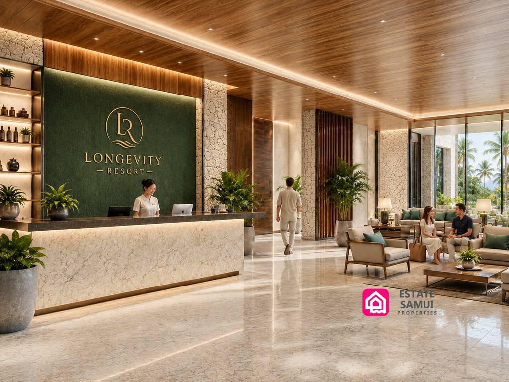 Resort reception desk and seating area with timber finishes