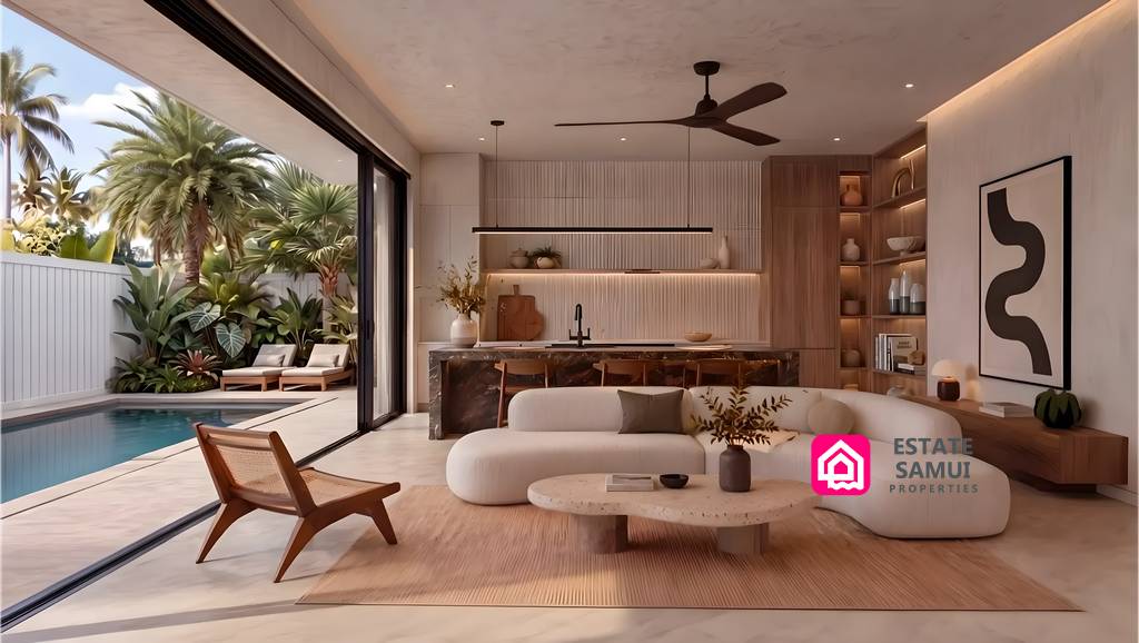 Open-plan living room and kitchen beside the pool terrace