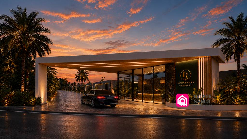 Contemporary resort entrance with covered driveway at sunset