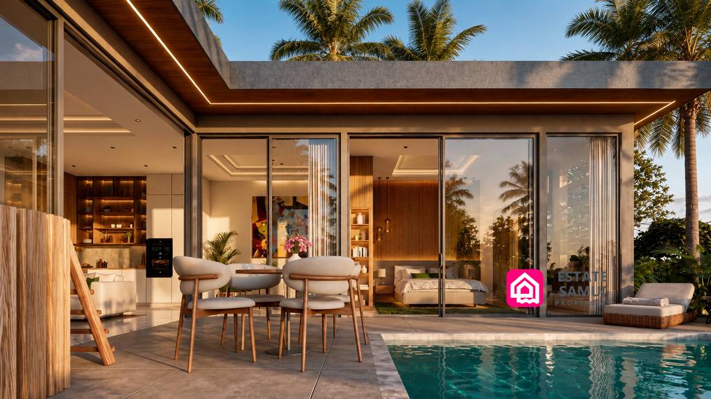 Glass-fronted living area opening towards a private pool