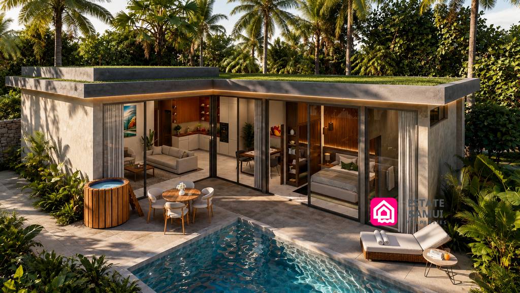 Single-storey property with terrace seating and private pool
