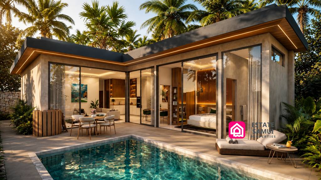 Modern property with poolside terrace and large glass doors