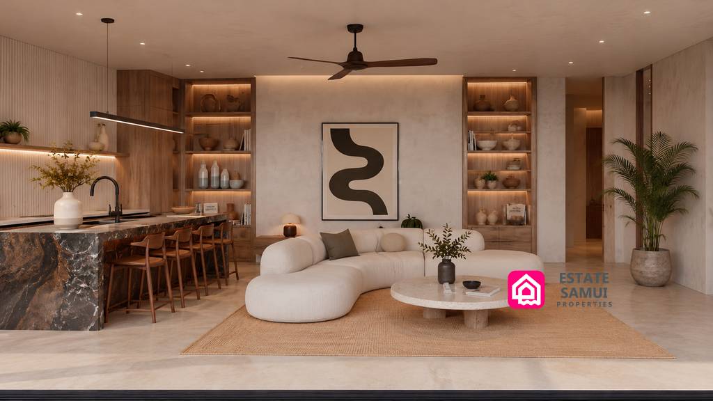 Neutral-toned living room with curved seating and built-in shelving