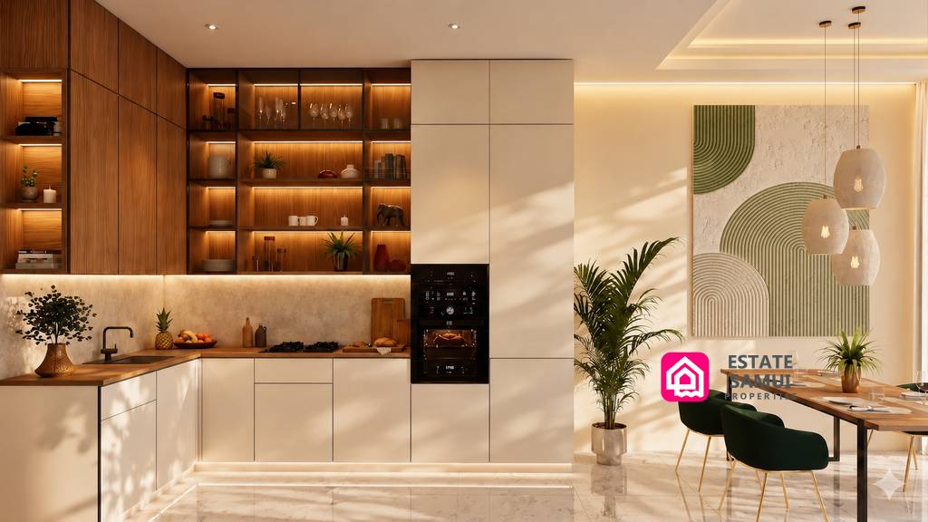Contemporary kitchen with island, wood cabinetry and dining area