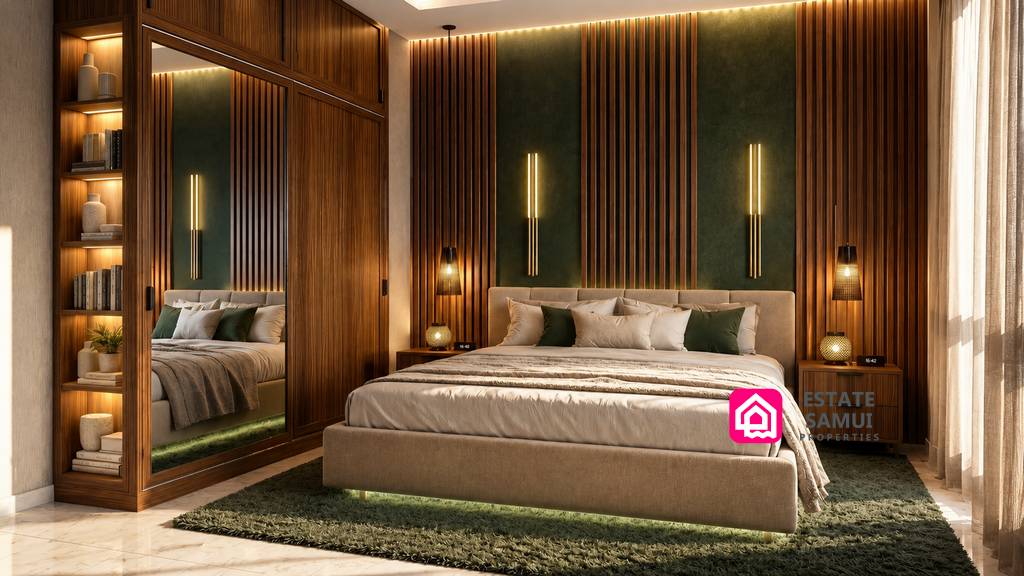 Bedroom with upholstered bed and illuminated timber wall panels