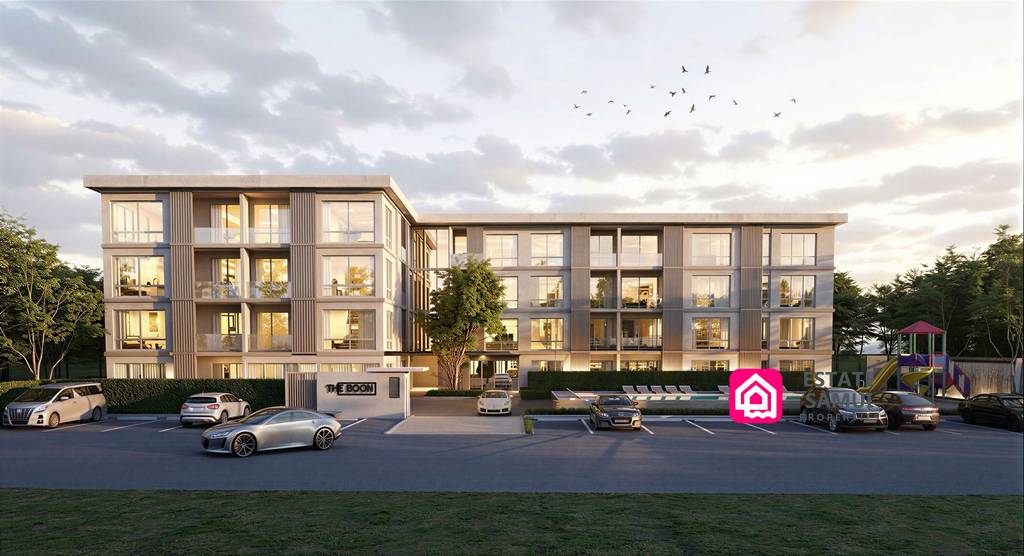 Exterior rendering of The Boon Condo with entrance and parked cars