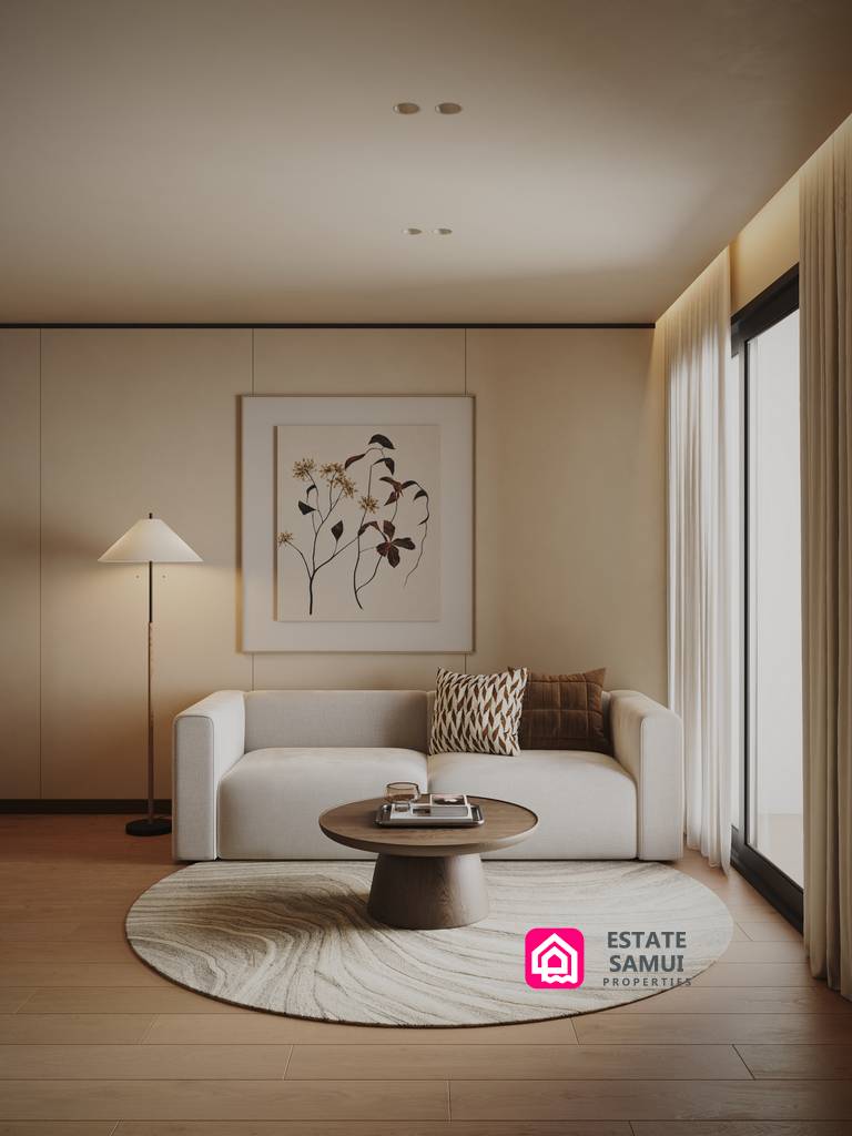 Living area with sofa, round rug and framed artwork