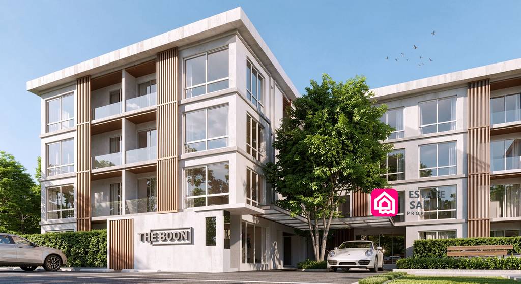 Corner view of The Boon condominium exterior and entrance