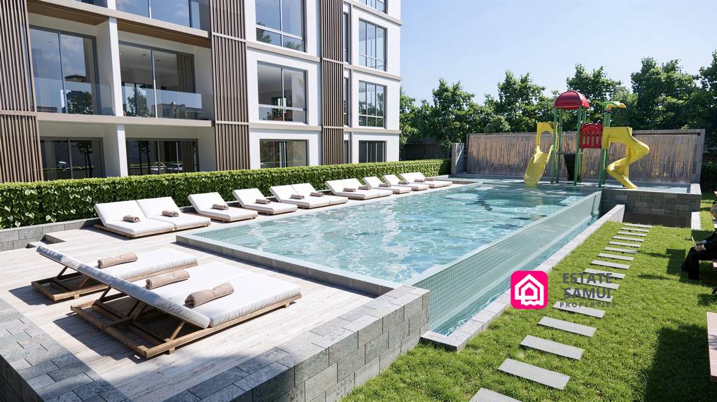 Rendered shared pool with sun loungers beside the condo building