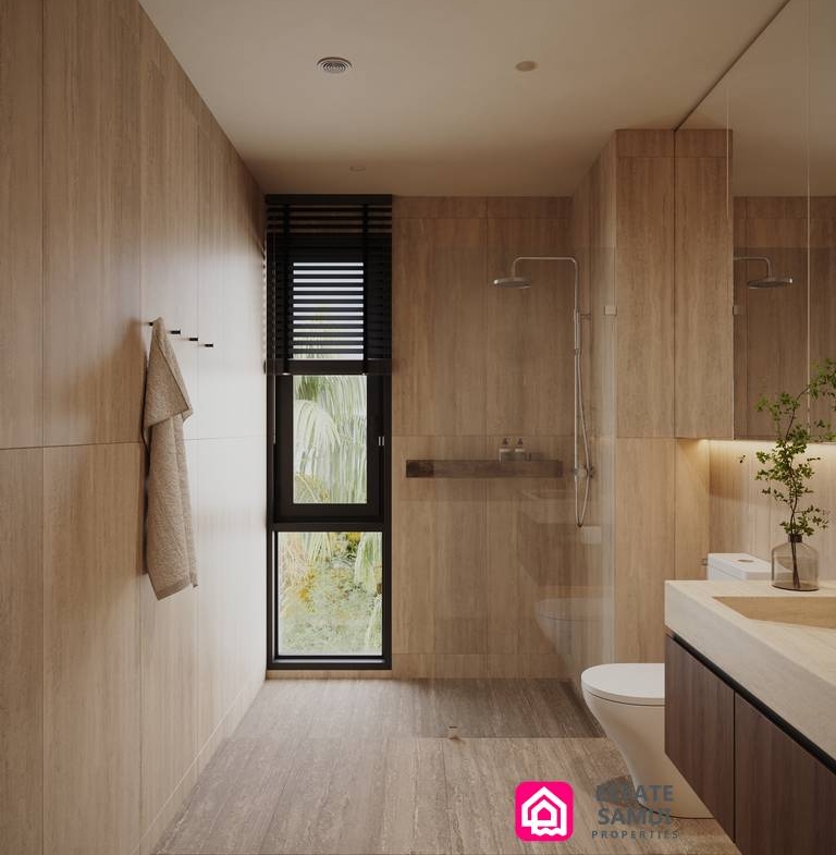 Bathroom with walk-in shower, window and vanity