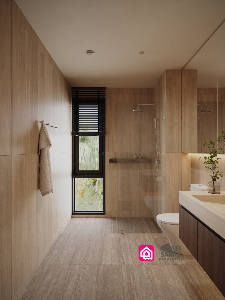 Bathroom with walk-in shower, window and vanity
