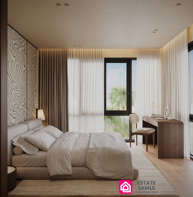 Furnished bedroom with bed, desk and tall window
