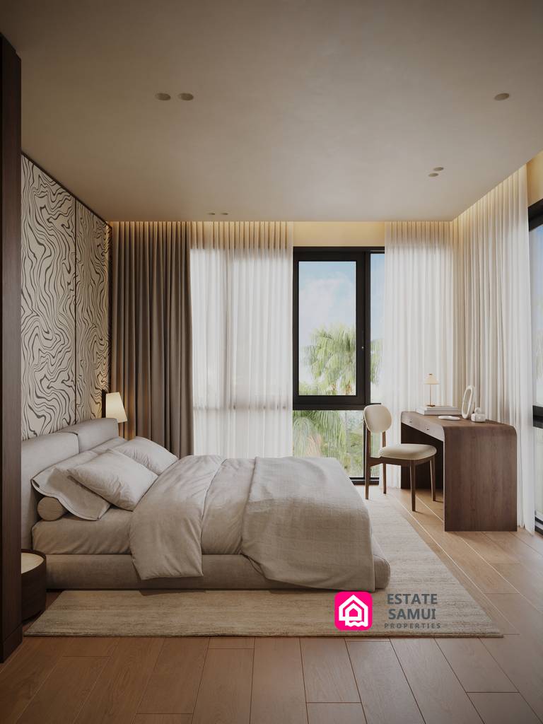 Furnished bedroom with bed, desk and tall window