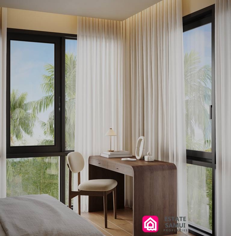 Bedroom workspace beside two tall windows