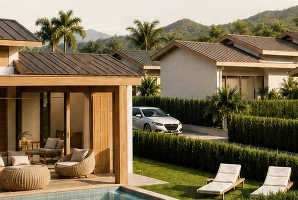 Aerial rendering of Fishermans Pearl Residence with pool villas and landscaped plots.