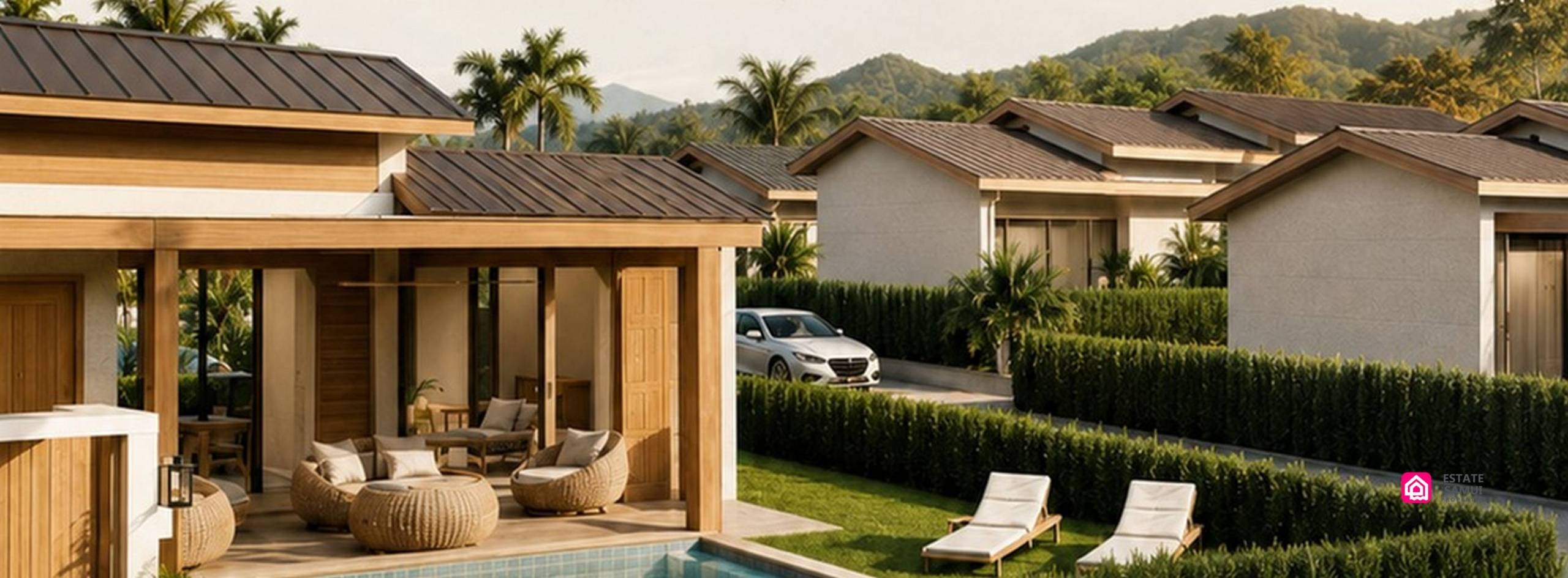 Aerial rendering of Fishermans Pearl Residence with pool villas and landscaped plots.