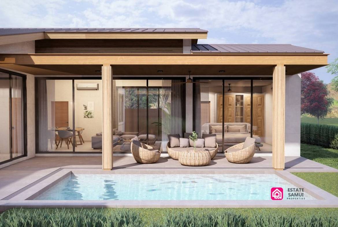 Bedroom rendering with ceiling fan, timber wardrobes and sliding glass doors.