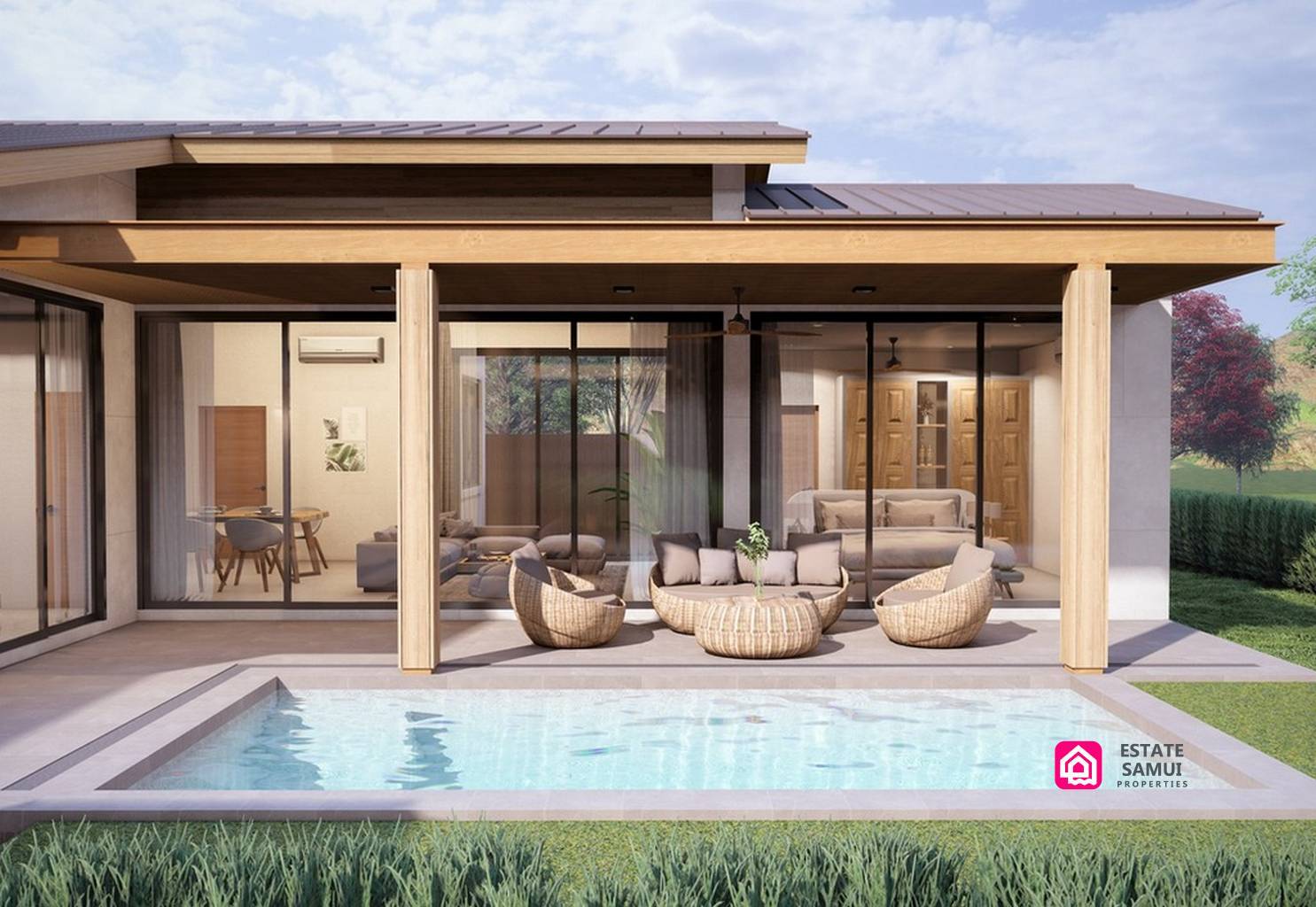 Bedroom rendering with ceiling fan, timber wardrobes and sliding glass doors.