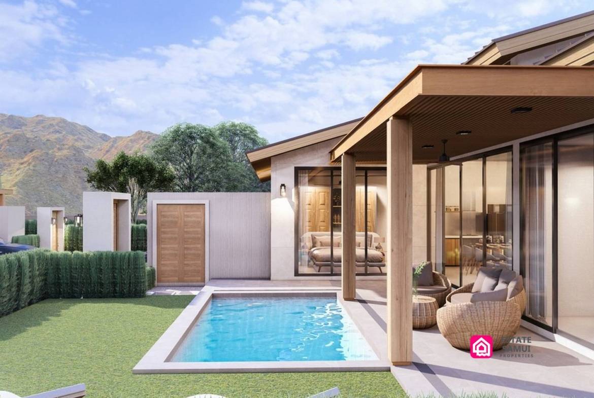 Open-plan lounge and dining rendering with timber ceiling and pendant lighting.