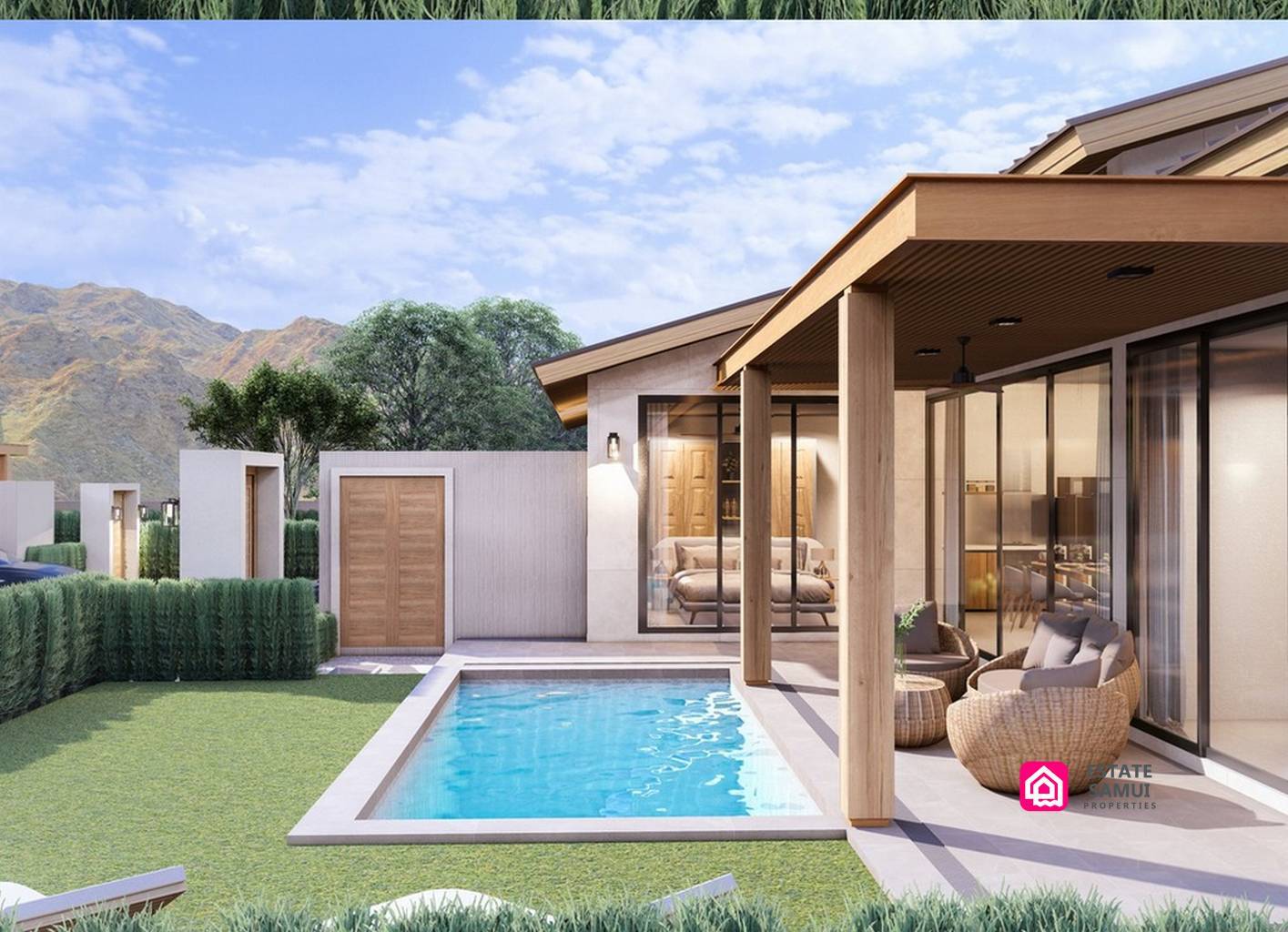 Open-plan lounge and dining rendering with timber ceiling and pendant lighting.