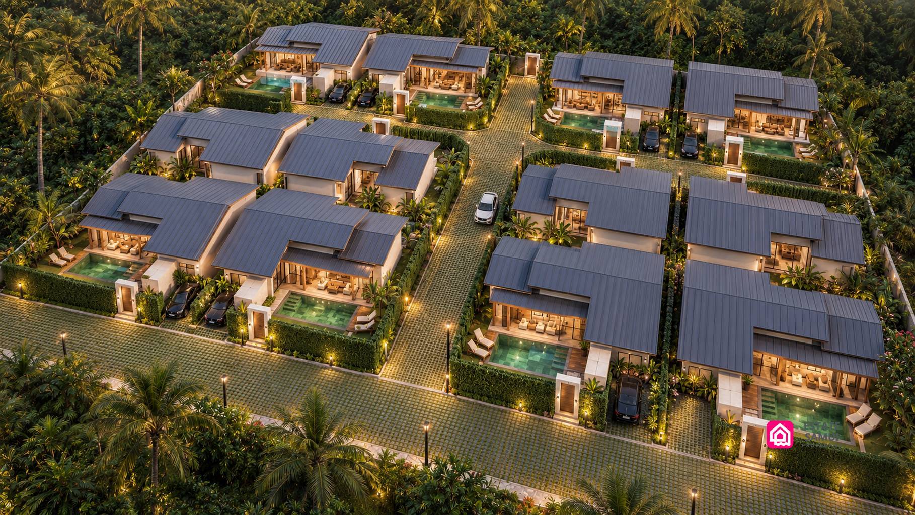 Side terrace rendering with swimming pool, outdoor seating and glazed villa frontage.