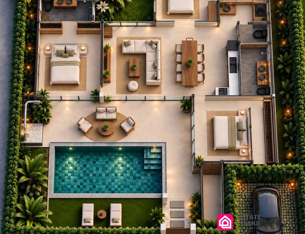 Overhead rendering of neighbouring villas with pools, parking and landscaped boundaries.