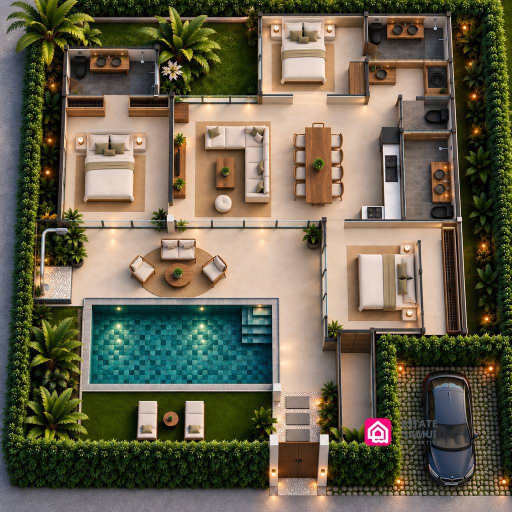 Overhead rendering of neighbouring villas with pools, parking and landscaped boundaries.