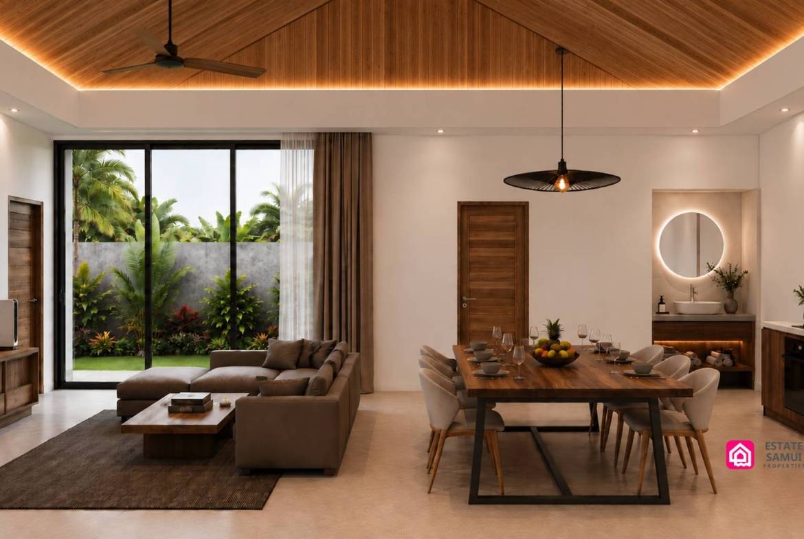 1. Bedroom rendering with bedside lighting, fitted timber wardrobes and garden-facing glazing.