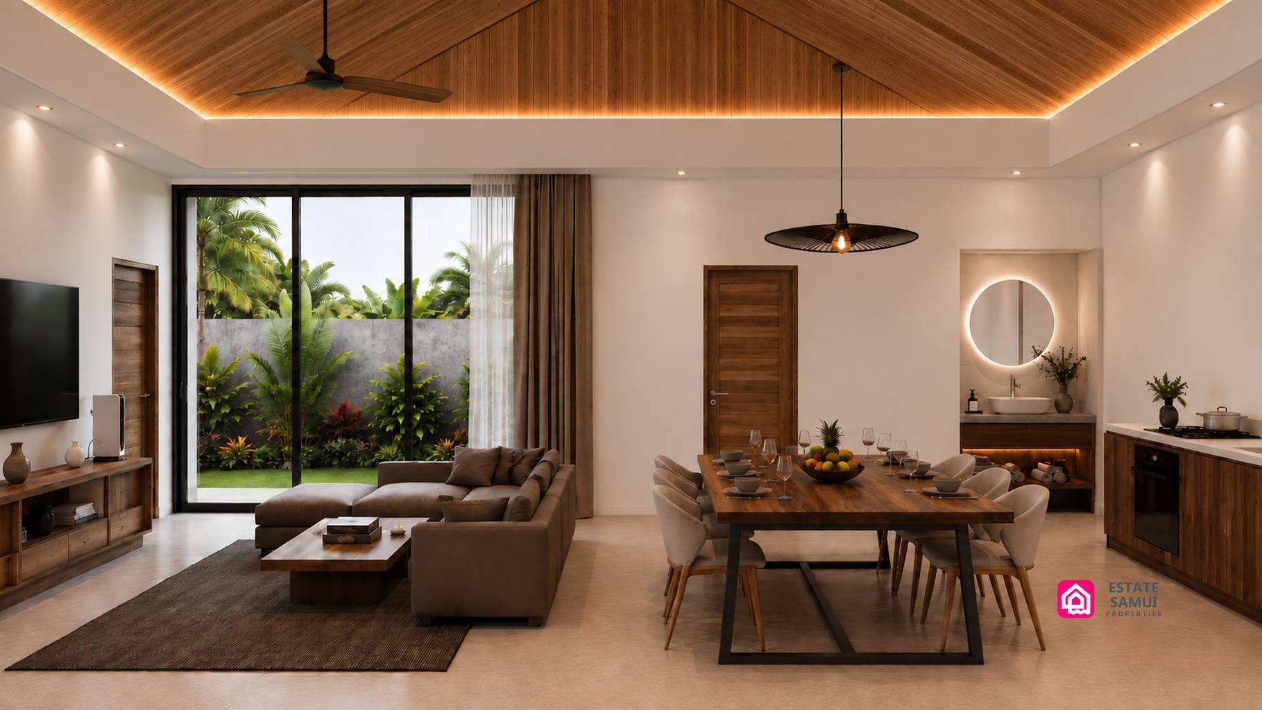 1. Bedroom rendering with bedside lighting, fitted timber wardrobes and garden-facing glazing.
