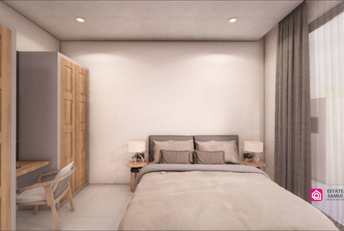 Overhead villa layout rendering showing three bedrooms, pool and parking.