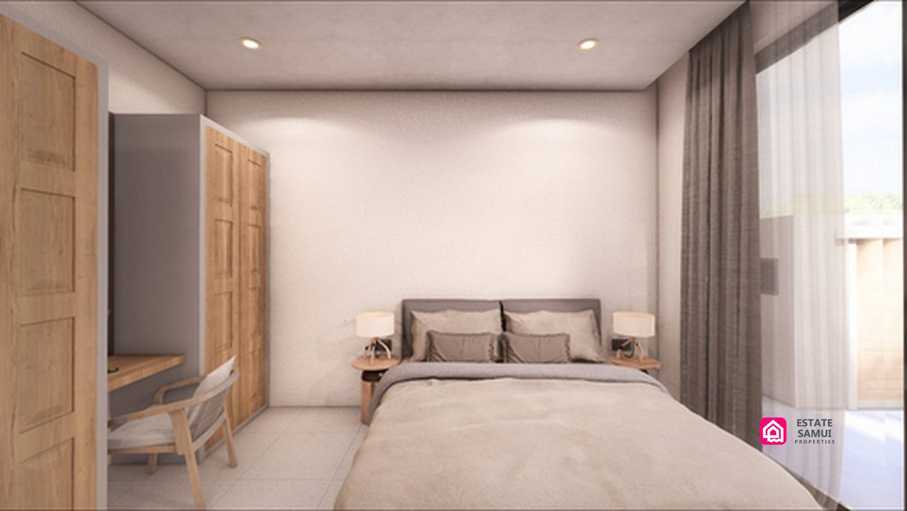 Overhead villa layout rendering showing three bedrooms, pool and parking.