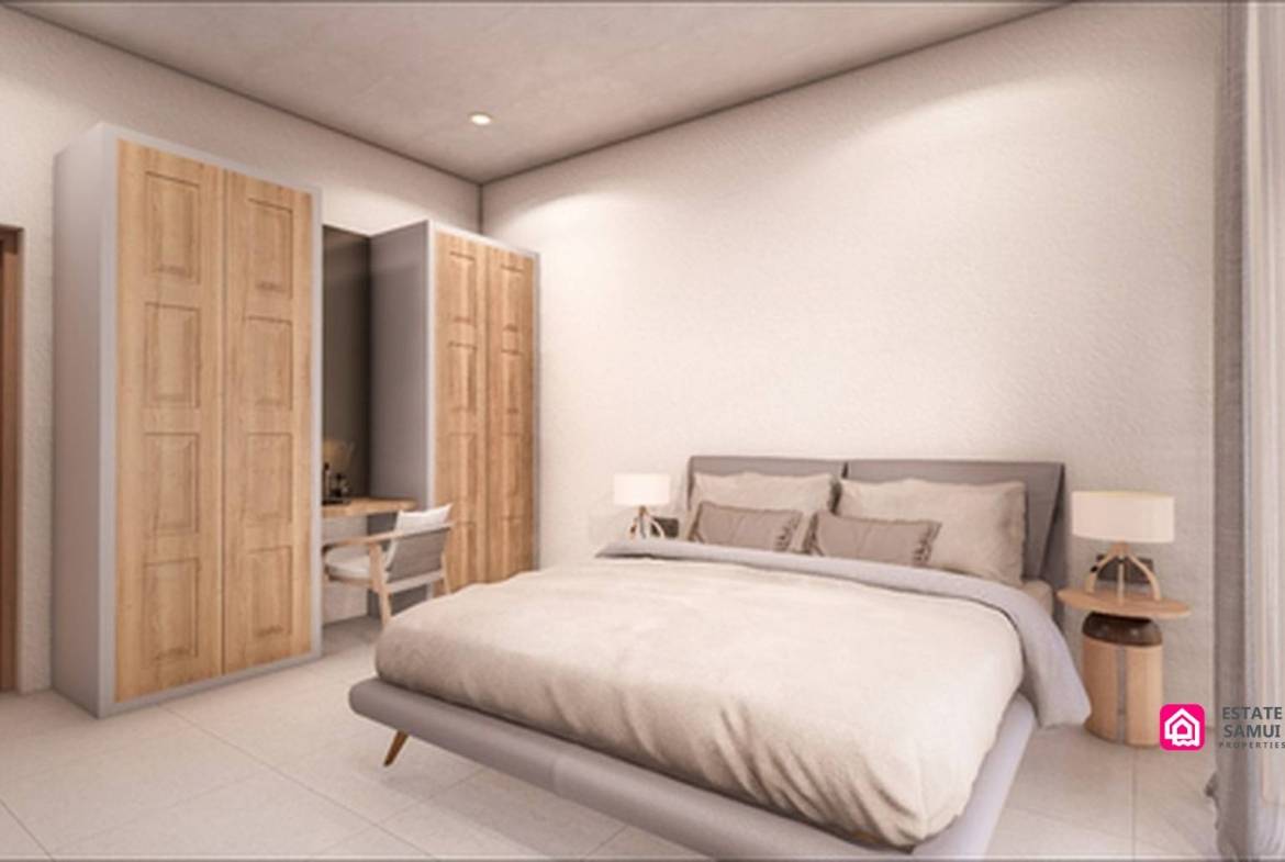 Living and dining room rendering with illuminated timber ceiling and garden-facing glazing.
