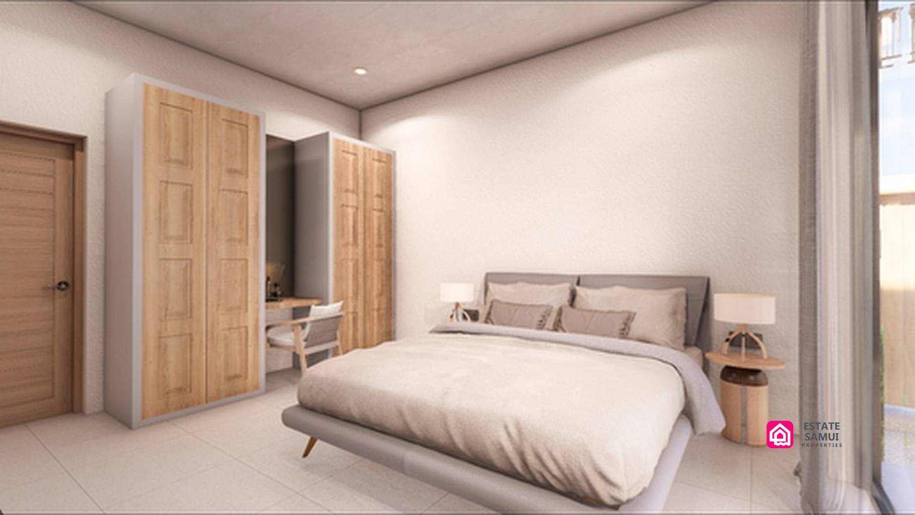 Living and dining room rendering with illuminated timber ceiling and garden-facing glazing.