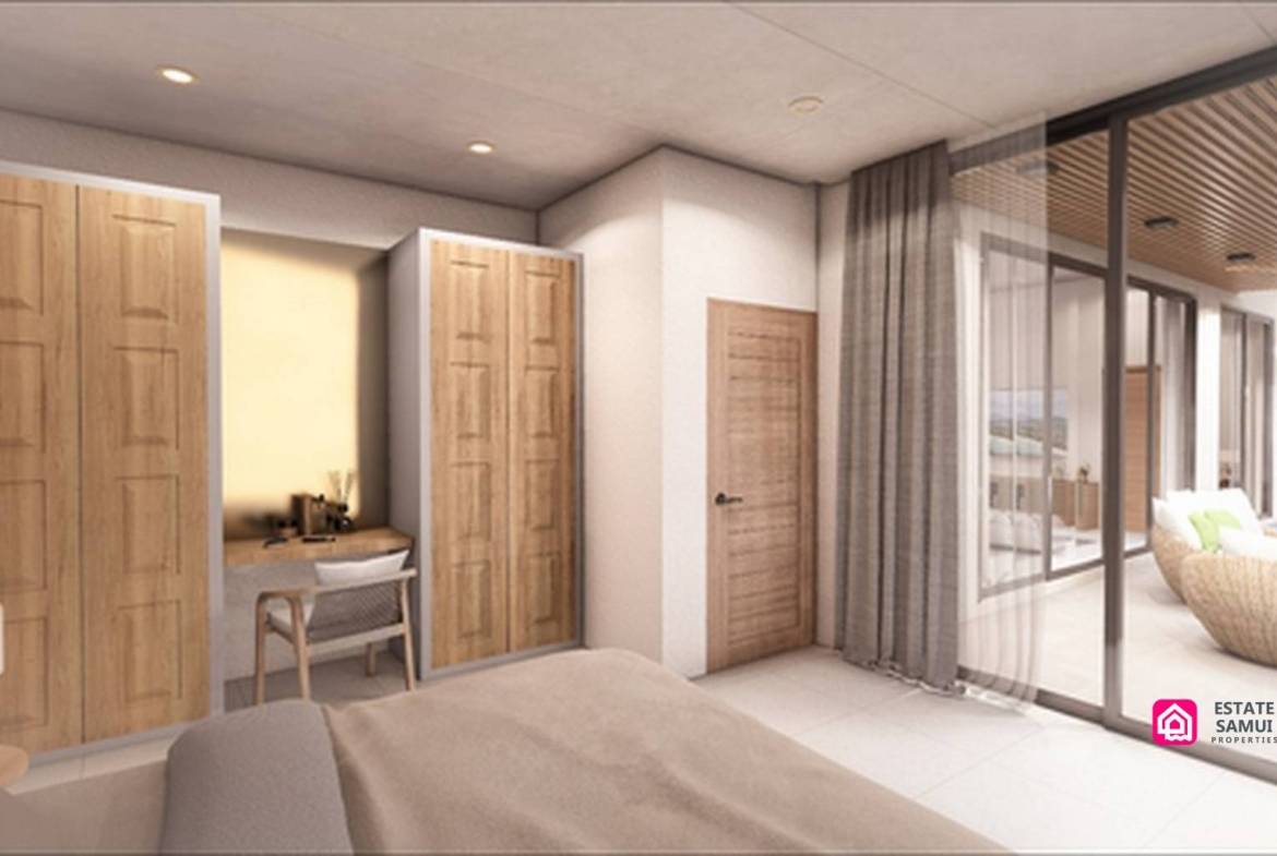 Bedroom rendering with neutral bedding, timber wardrobe and full-height curtains.