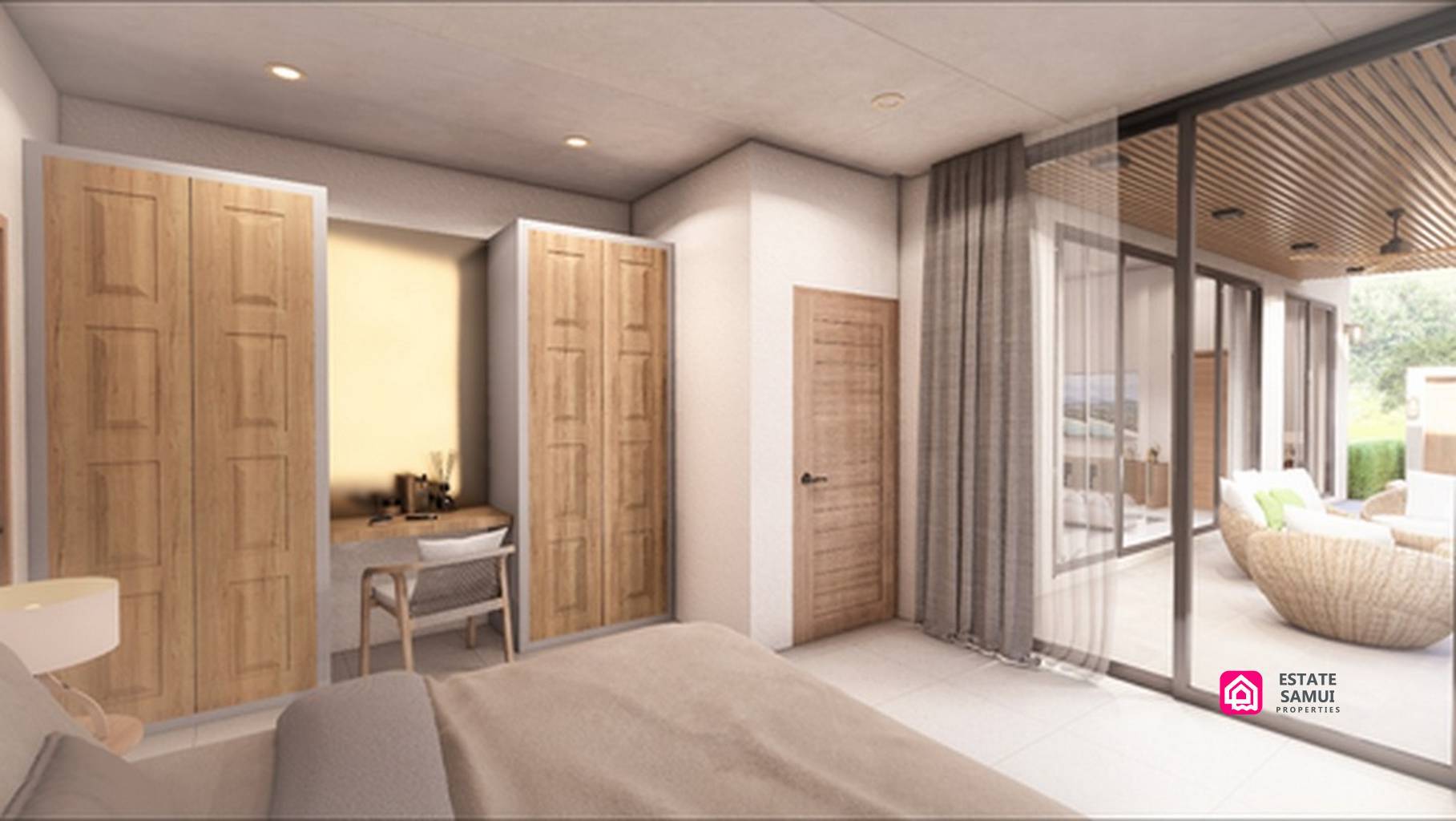 Bedroom rendering with neutral bedding, timber wardrobe and full-height curtains.